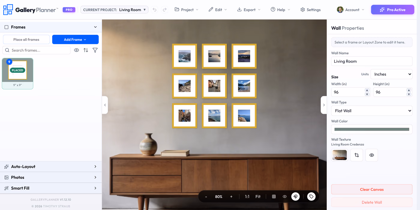 GalleryPlanner workspace showing gallery wall layout planning with frames and spacing tools