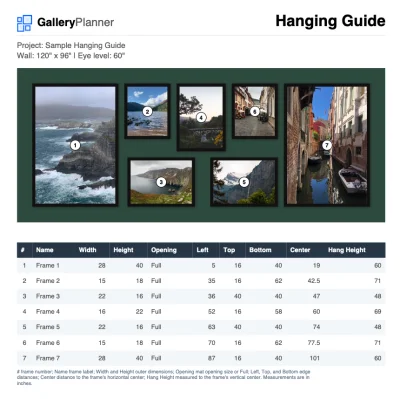 Preview of a GalleryPlanner Hanging Guide with a measured gallery wall plan