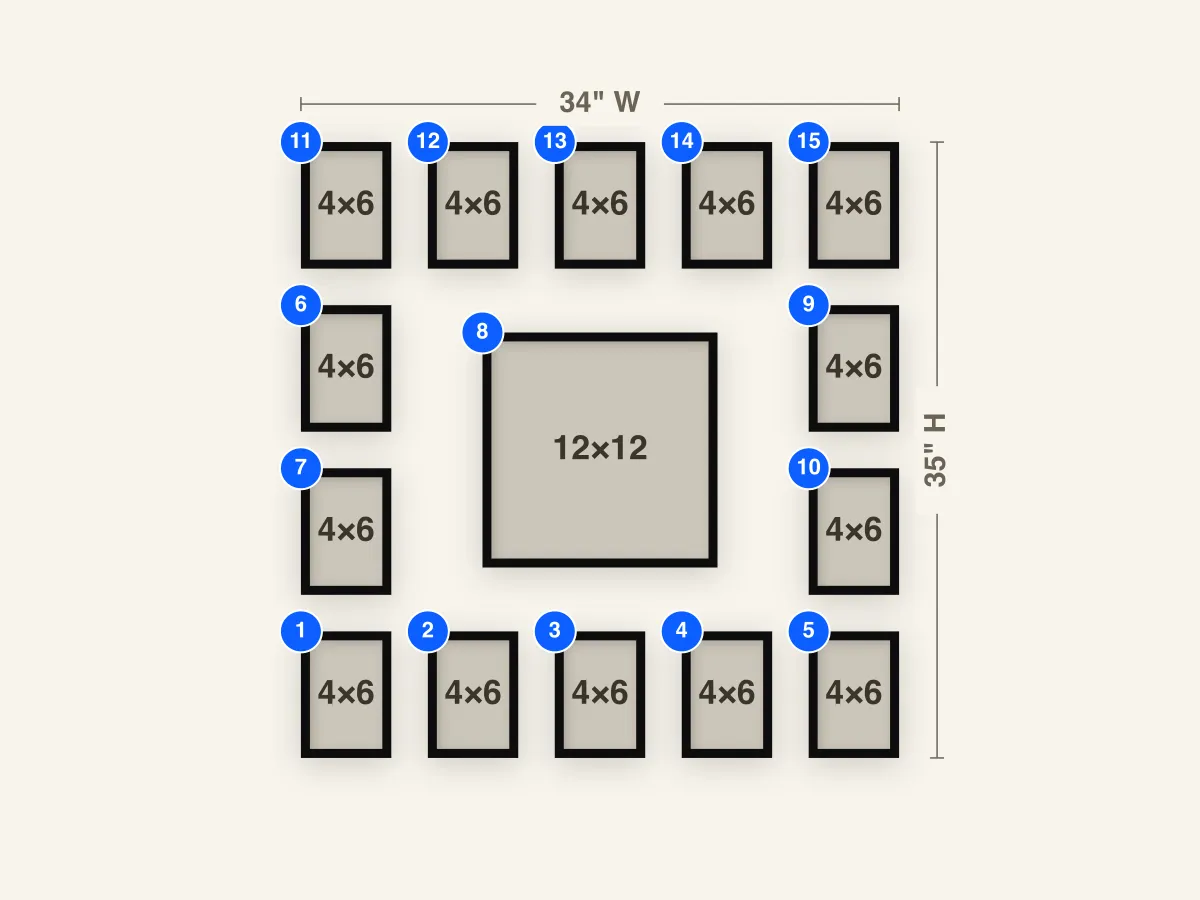 Centerpiece Gallery Wall Layout diagram with frame sizes