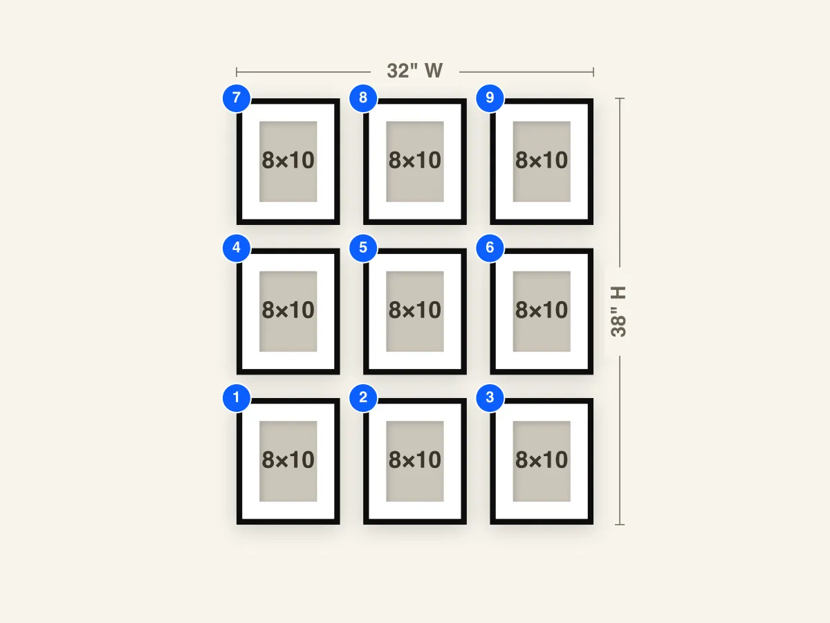 Grid Gallery Wall Layout diagram with frame sizes