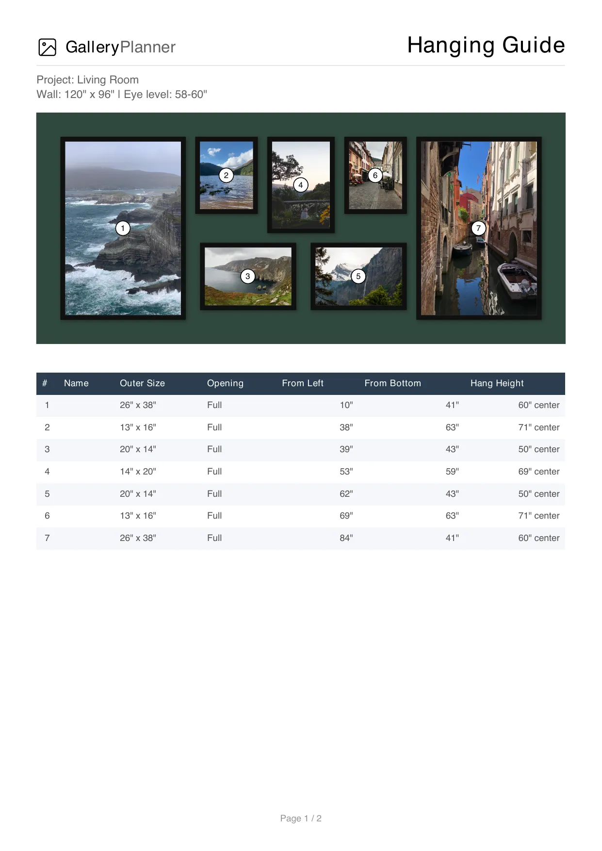 Hanging Guide page 1: living room gallery wall layout with 7 framed photos numbered 1 to 7, on a green wall preview