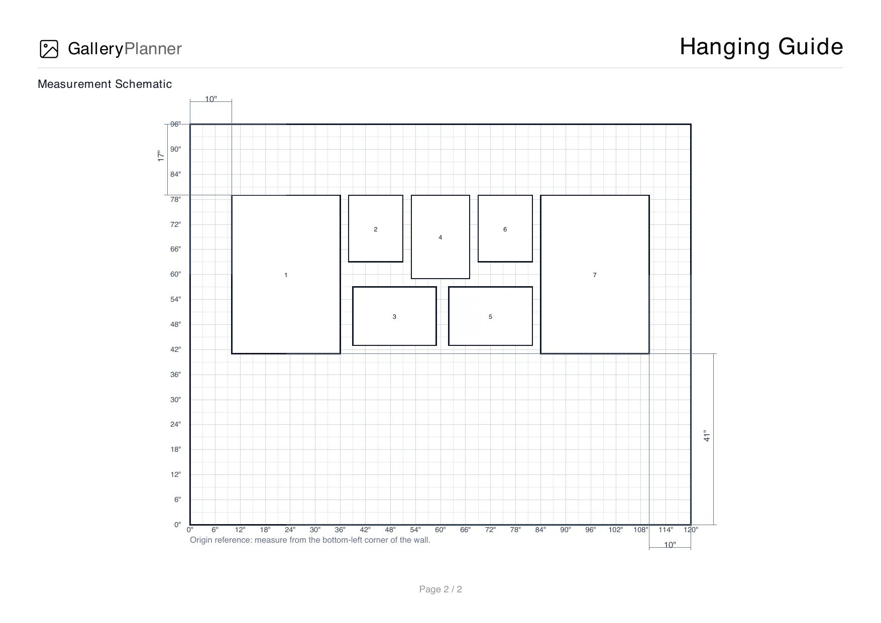 Hanging Guide page 2: measurement schematic on a 6-inch grid showing 7 numbered frames positioned on a 120 by 96 inch wall, with edge offsets labeled