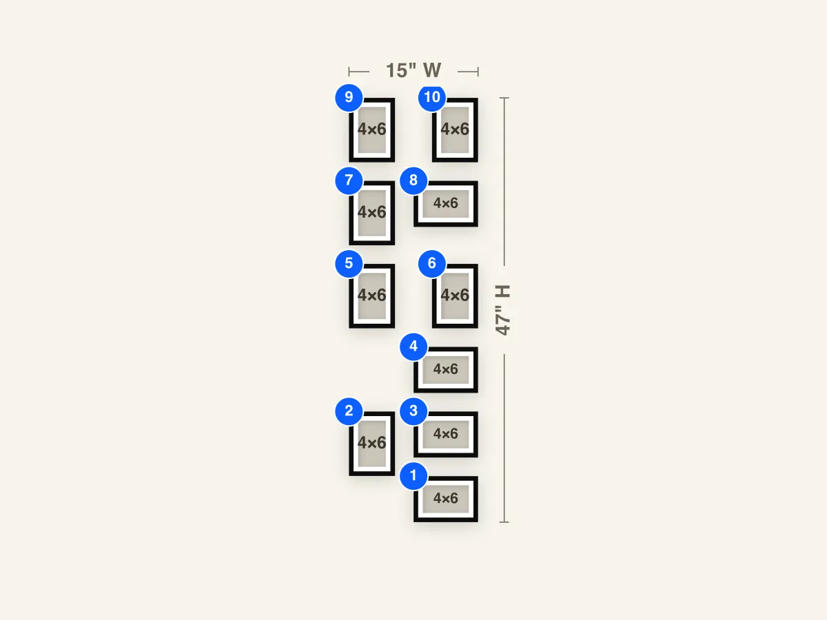 Narrow Wall Gallery Layout diagram with frame sizes