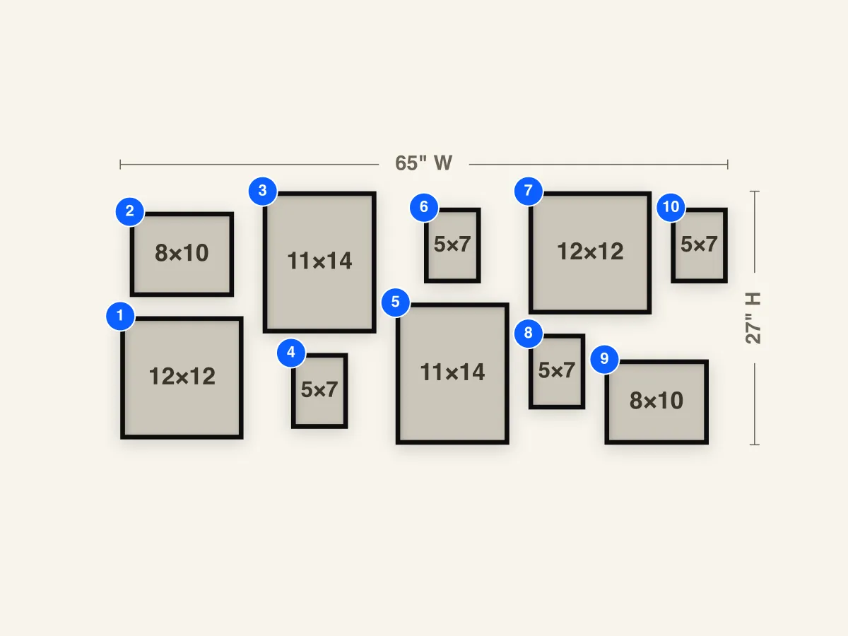 Salon-Style Gallery Wall Layout diagram with frame sizes