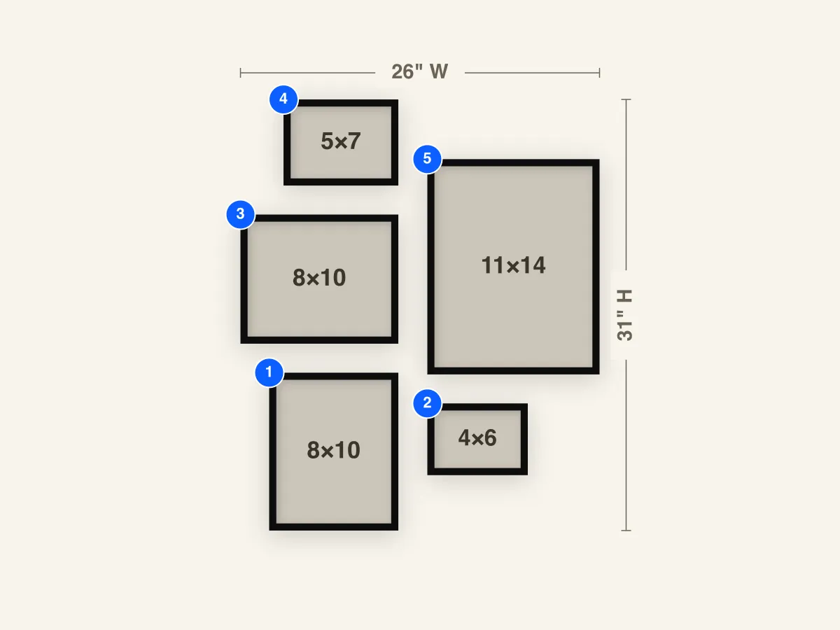 Small Gallery Wall Layout diagram with frame sizes