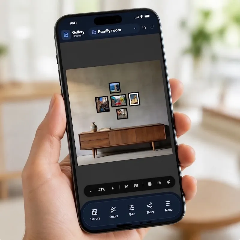 GalleryPlanner mobile app showing gallery wall planning on a phone