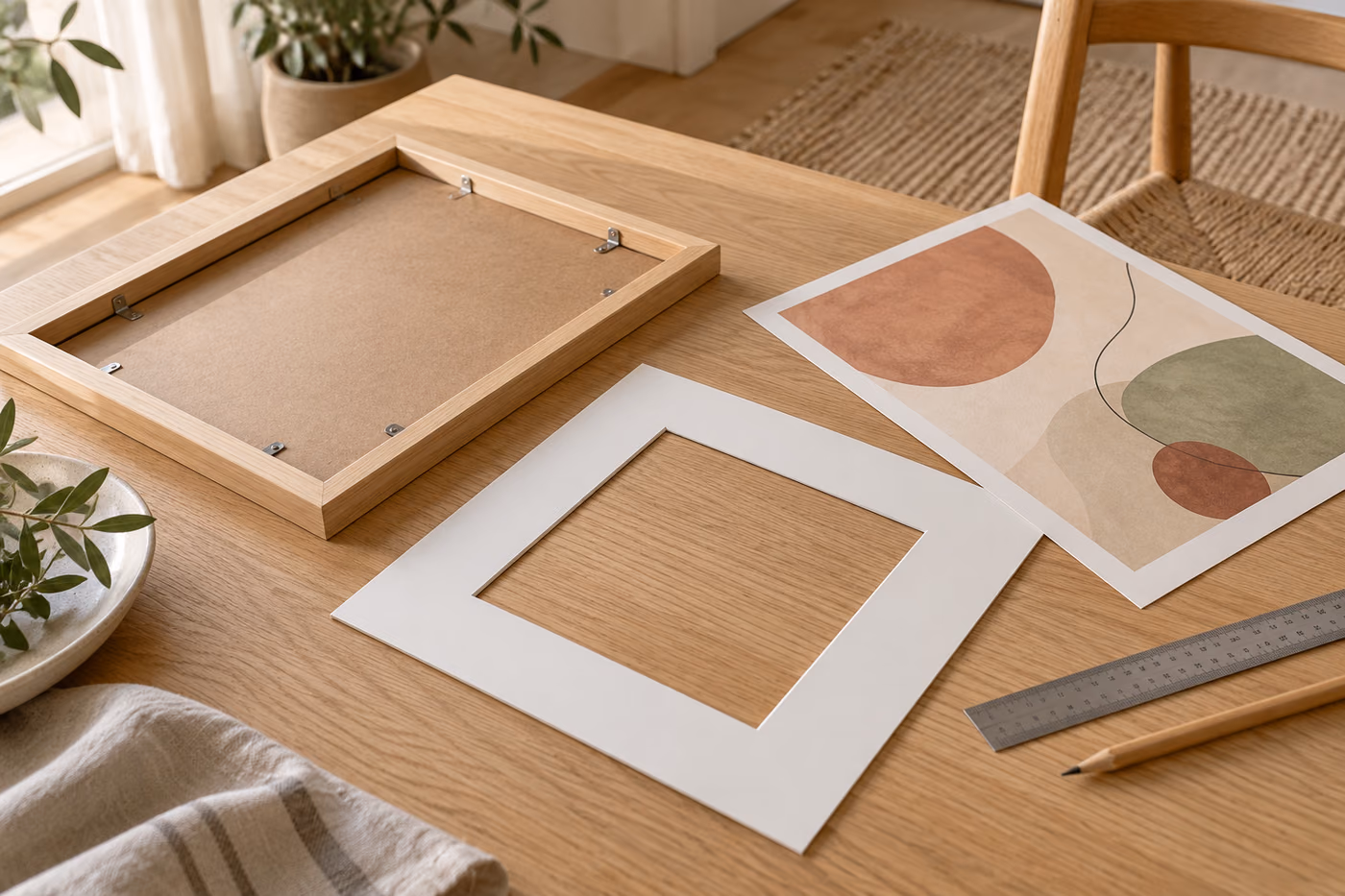 A wooden picture frame with its back open, a white mat board, an unframed abstract print, and a ruler on a wooden table