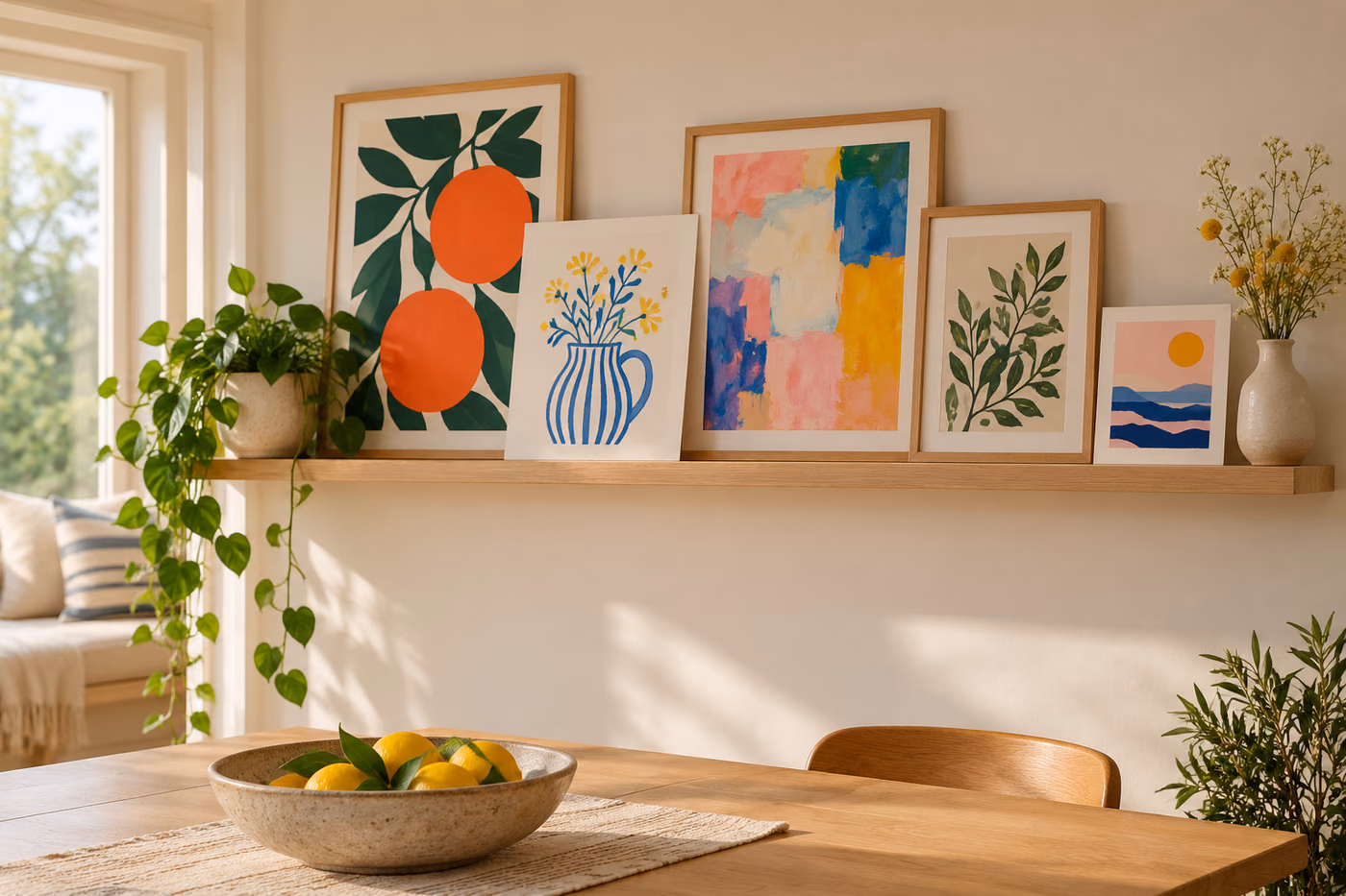 Colorful framed and unframed art prints leaning on a wooden picture ledge above a dining table