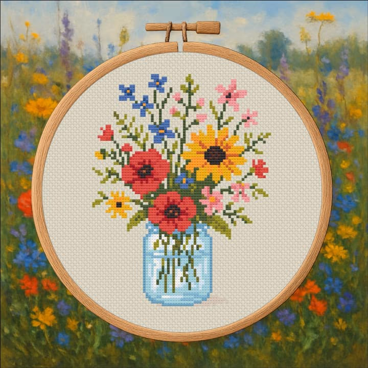 A cross-stitched jar of colorful wildflowers displayed in a round wooden embroidery hoop