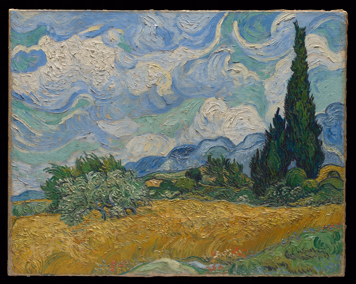 Vincent van Gogh's painting Wheat Field with Cypresses: a golden wheat field under a swirling blue sky with tall dark cypress trees